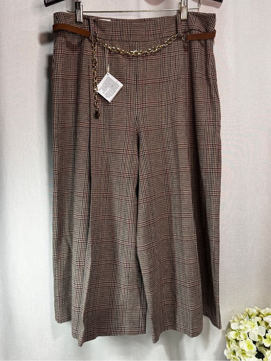 Zara Pants - ZARA Womens Large Brown Plaid Pleated Wide-Leg Culottes with Chain Accent
